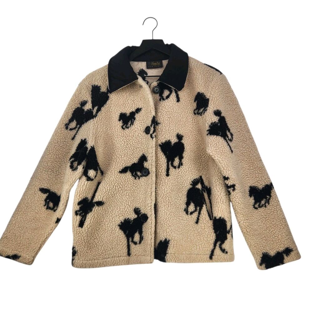 Vintage David Paul New York Jacket Women M Beige Sherpa Horse Print Ranch USA